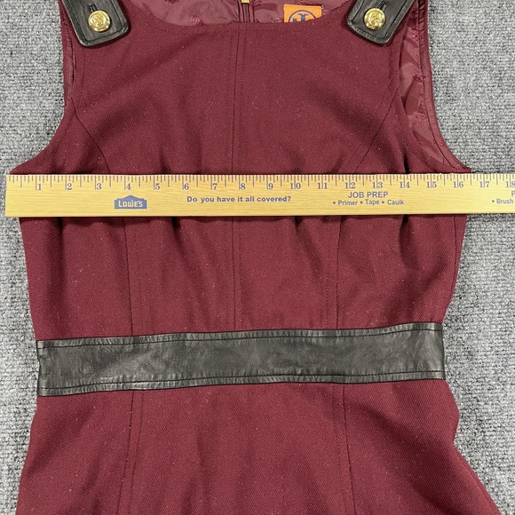 Tory Burch Dress Womens 4 Red Black Sheath Knee Length Leather Trim Military - Picture 4 of 7